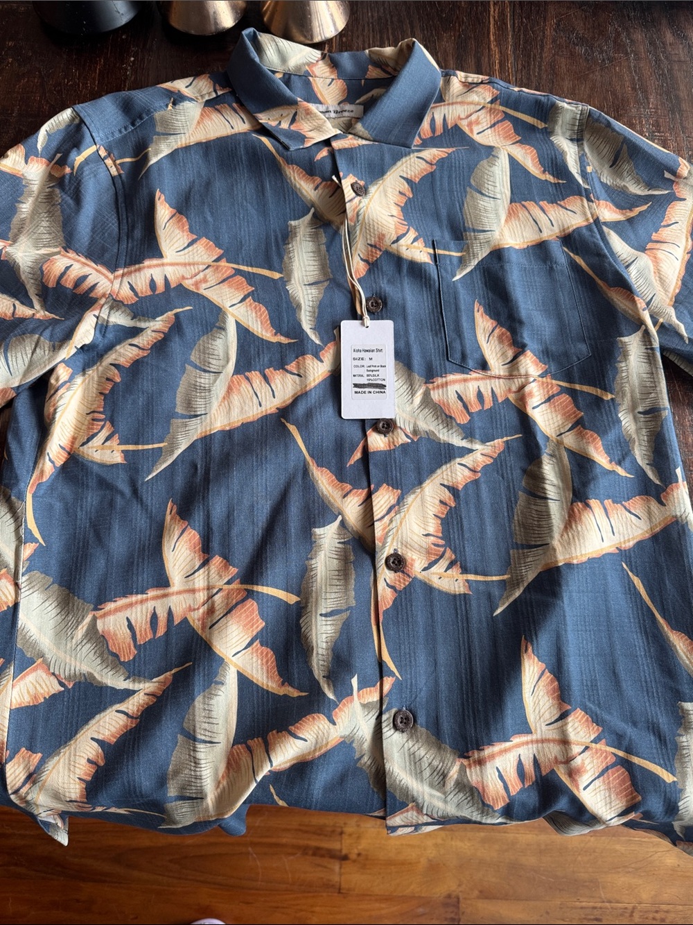 Casual Blue Leaf-Print Short-Sleeve Button-Down Shirt